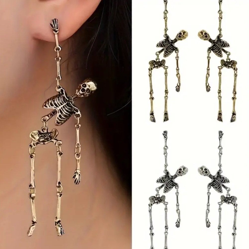 NWT Gold Tone Halloween Holiday Skeleton Pierced Dangle Earrings with …